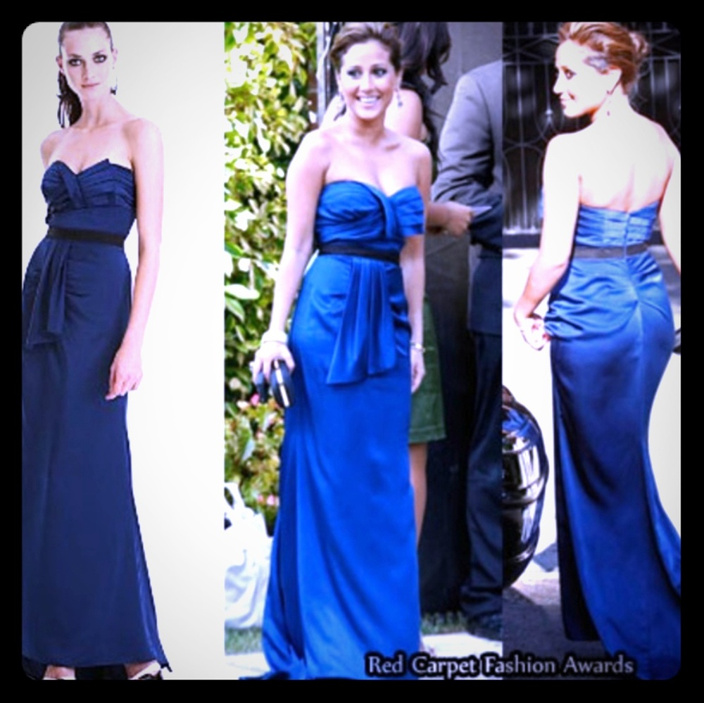 BCBGMaxAzria blue and black formal gown with train